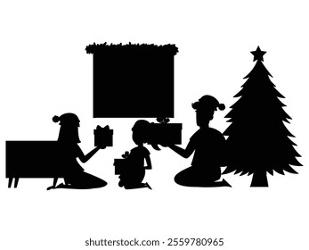 Silhouette of a Family with Kids Decorating Christmas Tree