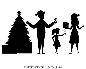 Silhouette of a Family with Kids Decorating Christmas Tree