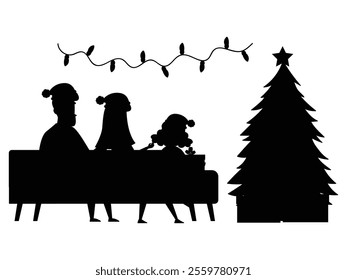 Silhouette of a Family with Kids Decorating Christmas Tree