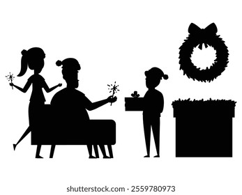 Silhouette of a Family with Kids Decorating Christmas Tree