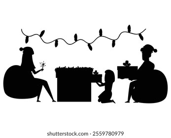 Silhouette of a Family with Kids Decorating Christmas Tree