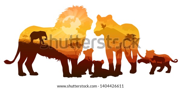 silhouette of a family of lions. Inside a savanna landscape with wild animals and birds. Isolated object, vector illustration.