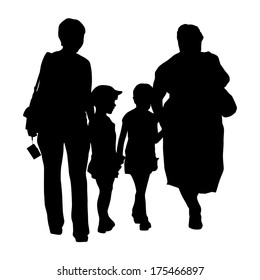 Silhouette of family, mother and children and grandmother on white background. Vector illustration.