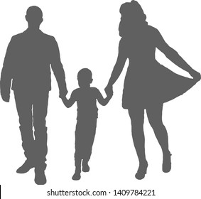 The silhouette of a family in motion. Dad, mom and son are coming. Husband, wife and child holding hands. A boy between parents. A man in a classic suit, a woman in a dress.