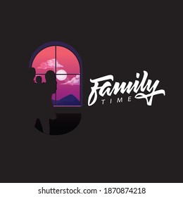 Silhouette family next to windows when the day runs out.