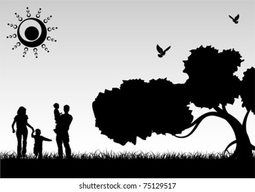 Silhouette Family on Background with Tree and grass, element for design, vector illustration