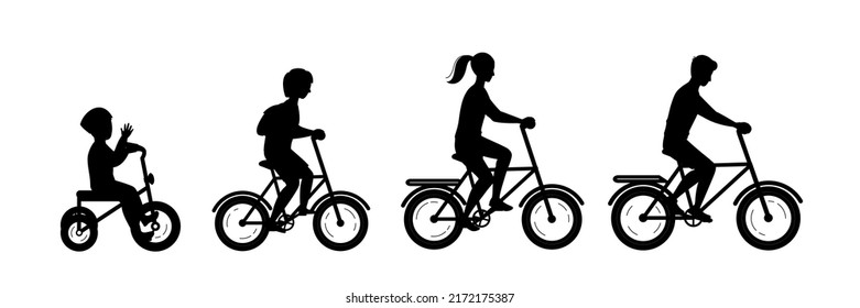 Silhouette of family on bicycles. Elements for design. Family riding bike. Mother, father, daughter, son. Parents and kids cycling, spend time together. Black illustration isolated on white background