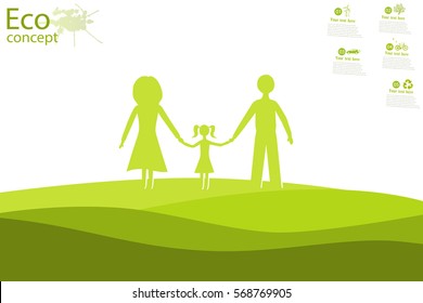Silhouette of family on green grass. The concept of ecology to save the planet. Eco friendly. Environmentally friendly world. Concept vector illustration of ecology. Background. Infographics