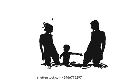 silhouette of a family on holiday at the beach