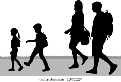 Silhouette family on a walk.