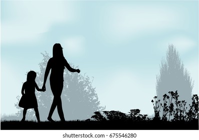 Silhouette family on a walk.