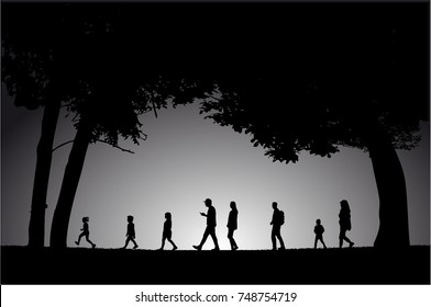 Silhouette family on a walk.