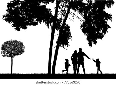 Silhouette family on a walk.