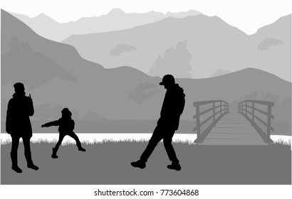 Silhouette family on a walk.