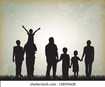 Silhouette Family Over Vintage Background Vector Illustration