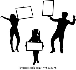 Silhouette family with placards. White background.