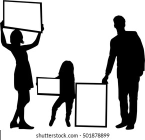 Silhouette family with placards. White background.