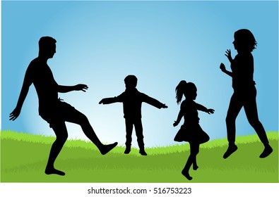 Silhouette family playing on the grass.