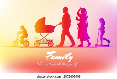Silhouette of a family in profile. Beautiful gradient background vector illustration.