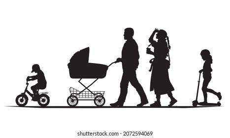 Silhouette of a family in profile. Black and white vector illustration.
