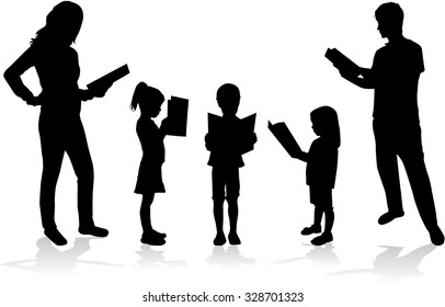 Silhouette of a family reading a book.