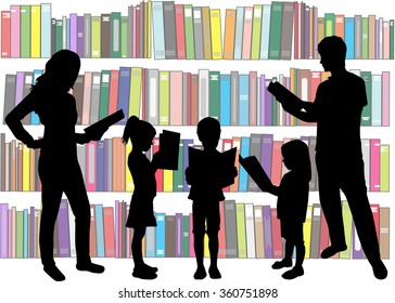 Silhouette of a family reading a book.