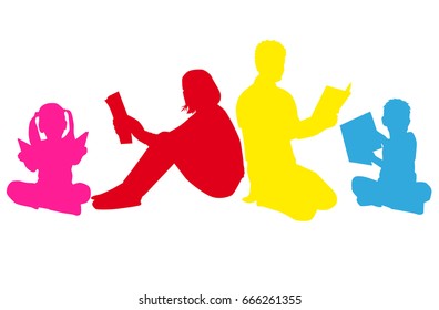 Silhouette of a family reading a book.