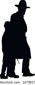 Silhouette. Family of religious Jews. Father and son walk down the street holding hands. A man in a hat and coat. The boy is dressed in tallite katan and tzitzit. Isolated vector illustration.