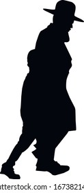 Silhouette. Family of religious Jews. Father and son run along the road holding hands. A man in a hat and coat. The boy is dressed in tallite katan and tzitzit. Isolated vector illustration.