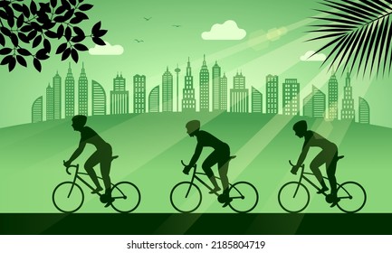silhouette family ride bike in city park, green tone outdoor exercise illustration