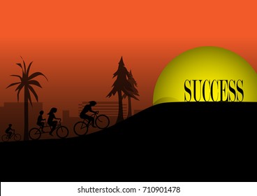 Silhouette of family riding bicycle