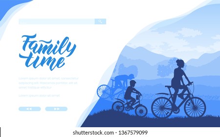 Silhouette of family riding bicycle together in blue colours. Father, mother, son spending time in nature. Concept of sport lifestyle, family values, recreation at weekend. Vector. Place for text.