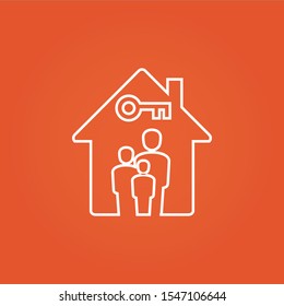 Silhouette family safe at home as mom and dad and kid. Family l icon. Home with key. Stock Vector illustration isolated on orange background.