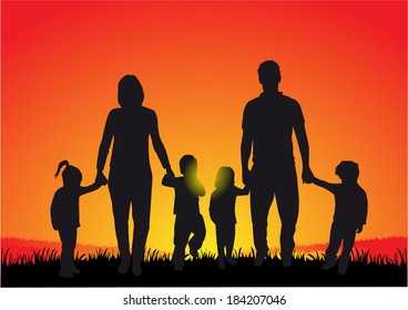 Silhouette Family Sunset Stock Vector (Royalty Free) 184207046 ...