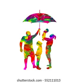 silhouette of family under umbrella. Vector.