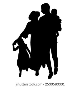 A silhouette of a family walking together, featuring a father carrying a baby, a mother holding the hand of a young girl, and their child. It symbolizes unity and togetherness.