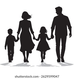 Silhouette of a Family Walking Together – Man, Woman, Boy, and Girl	