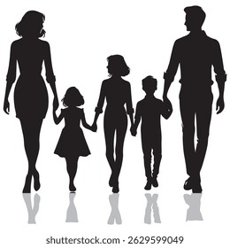 Silhouette of a Family Walking Together – Man, Woman, Boy, and Girl	