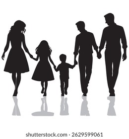Silhouette of a Family Walking Together – Man, Woman, Boy, and Girl	