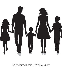 Silhouette of a Family Walking Together – Man, Woman, Boy, and Girl	