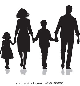 Silhouette of a Family Walking Together – Man, Woman, Boy, and Girl	