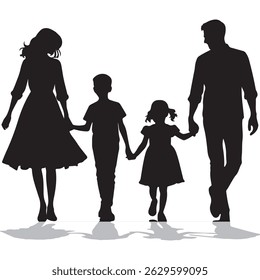 Silhouette of a Family Walking Together – Man, Woman, Boy, and Girl	