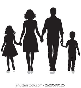 Silhouette of a Family Walking Together – Man, Woman, Boy, and Girl	