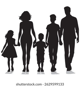 Silhouette of a Family Walking Together – Man, Woman, Boy, and Girl	