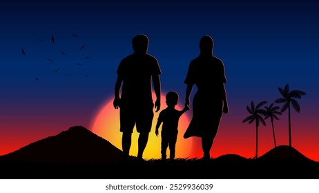 A silhouette of a family watching the sunset, and the sky is a gradient of orange