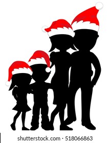 Silhouette of family wearing christmas hats and hugging isolated