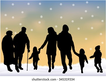 Silhouette family of winter.