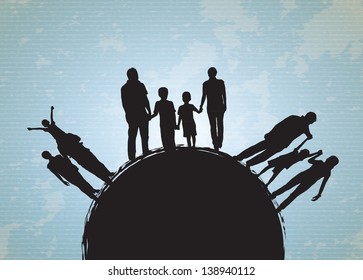 silhouette family and world over vintage background vector illustration 