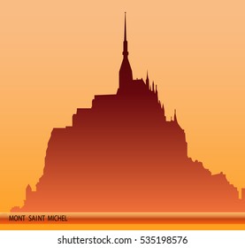 Silhouette of the famous abbey of Mont Saint Michel at sunset. Abbey of Mont Saint Michel is located in Normandy, France. Vector illustration.