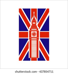 Silhouette of the famous Big Ben clock on the background of the British flag isolated on a white background. Union Jack flag. Vector background. Simple design, flat graphics.